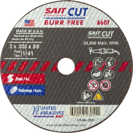 United Abrasives - Sait Cut Off Wheel Type 1 A60T 3 X 1/16 X 1/4 60 Grit Aluminum Oxide